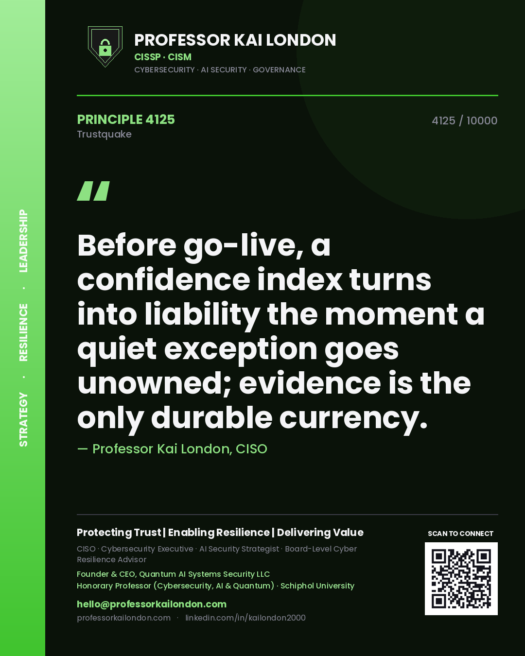 Professor Kai London principle 4125: Before go-live, a confidence index turns into liability the moment a quiet exception goes unowned; evidence is the only durable currency.