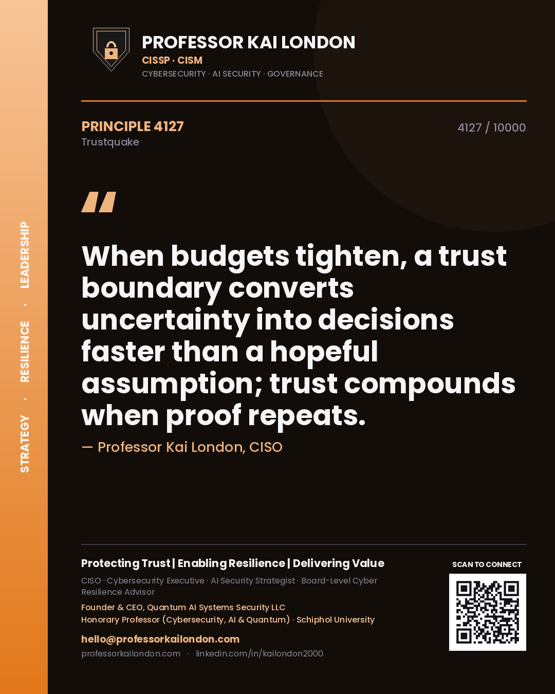Professor Kai London principle 4127: When budgets tighten, a trust boundary converts uncertainty into decisions faster than a hopeful assumption; trust compounds when proof repeats.