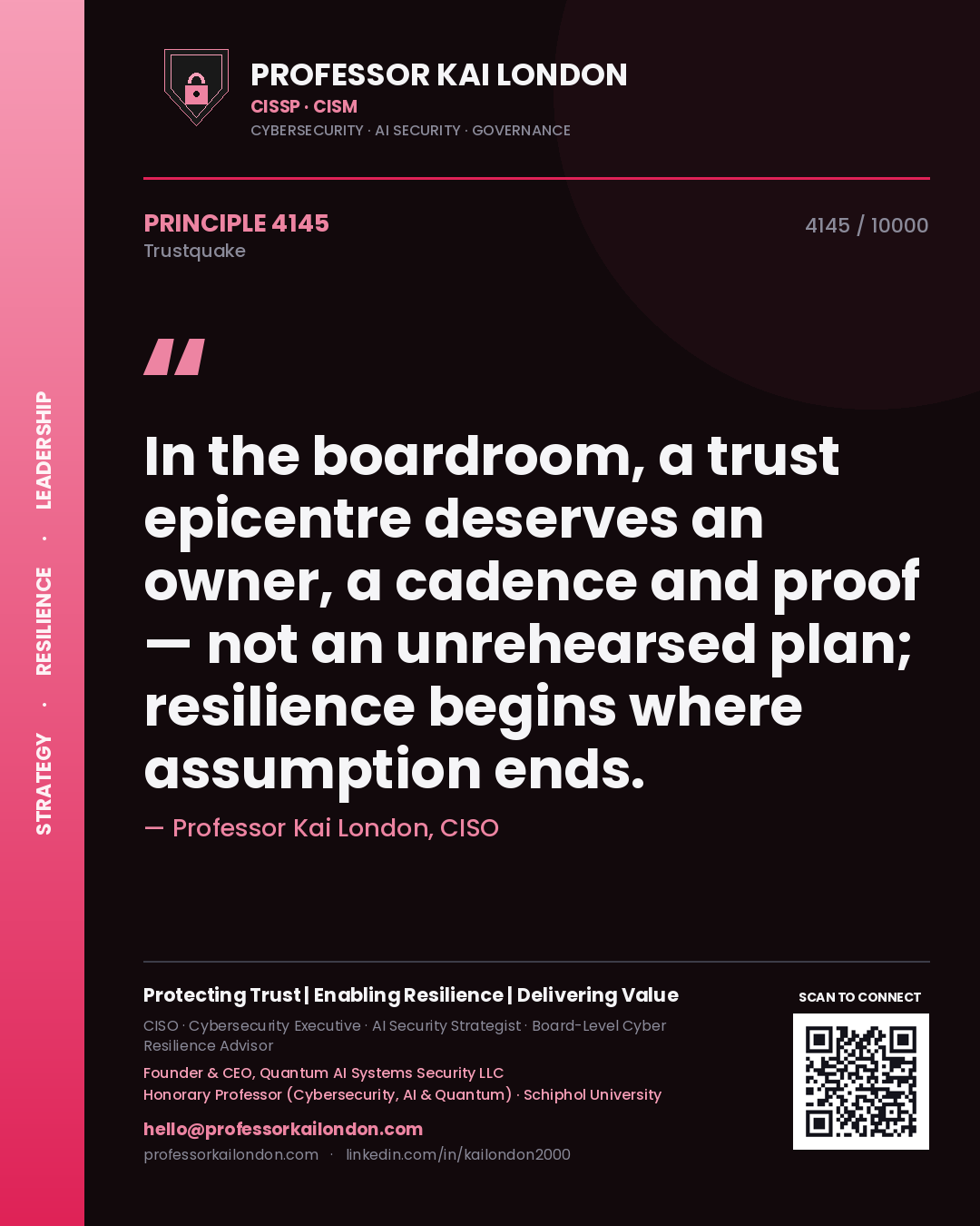 Professor Kai London principle 4145: In the boardroom, a trust epicentre deserves an owner, a cadence and proof — not an unrehearsed plan; resilience begins where assumption ends.