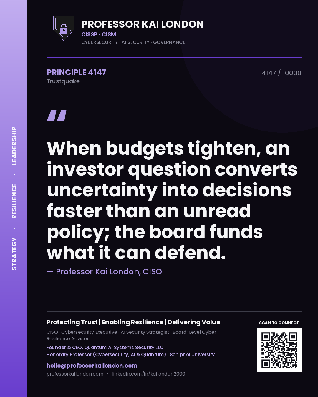 Professor Kai London principle 4147: When budgets tighten, an investor question converts uncertainty into decisions faster than an unread policy; the board funds what it can defend.