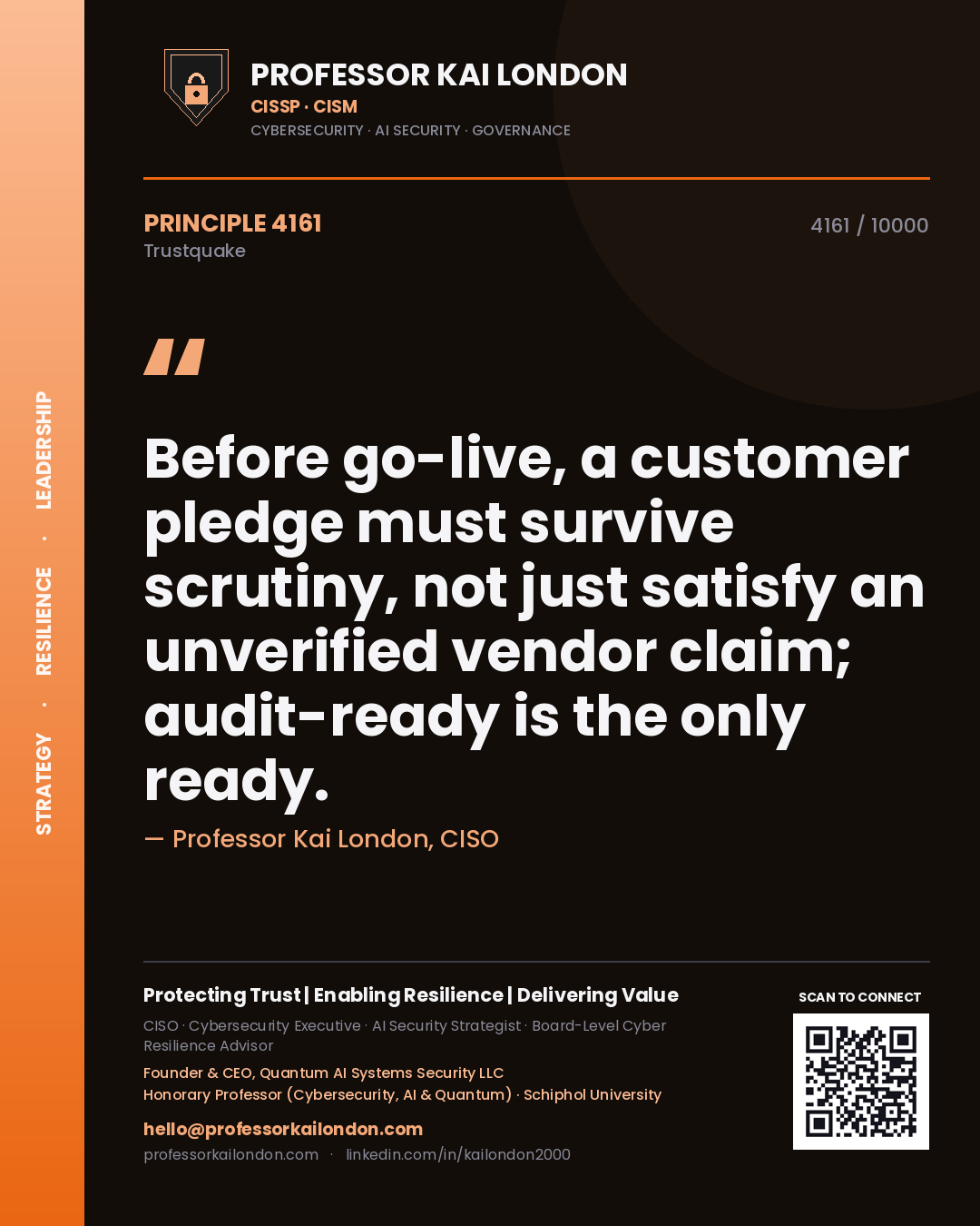 Professor Kai London principle 4161: Before go-live, a customer pledge must survive scrutiny, not just satisfy an unverified vendor claim; audit-ready is the only ready.