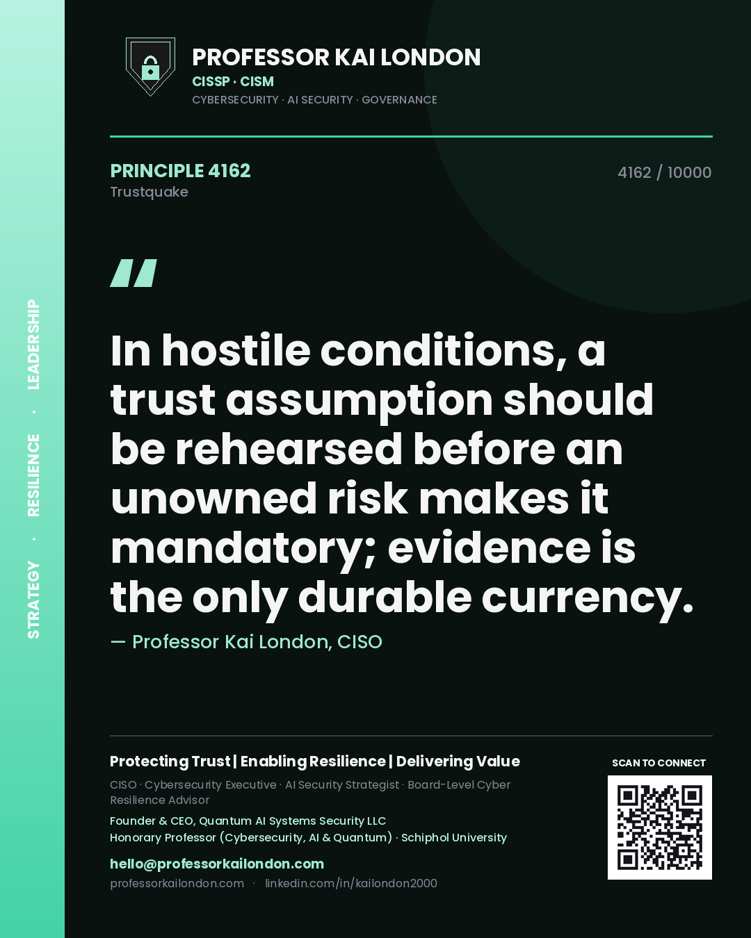 Professor Kai London principle 4162: In hostile conditions, a trust assumption should be rehearsed before an unowned risk makes it mandatory; evidence is the only durable currency.