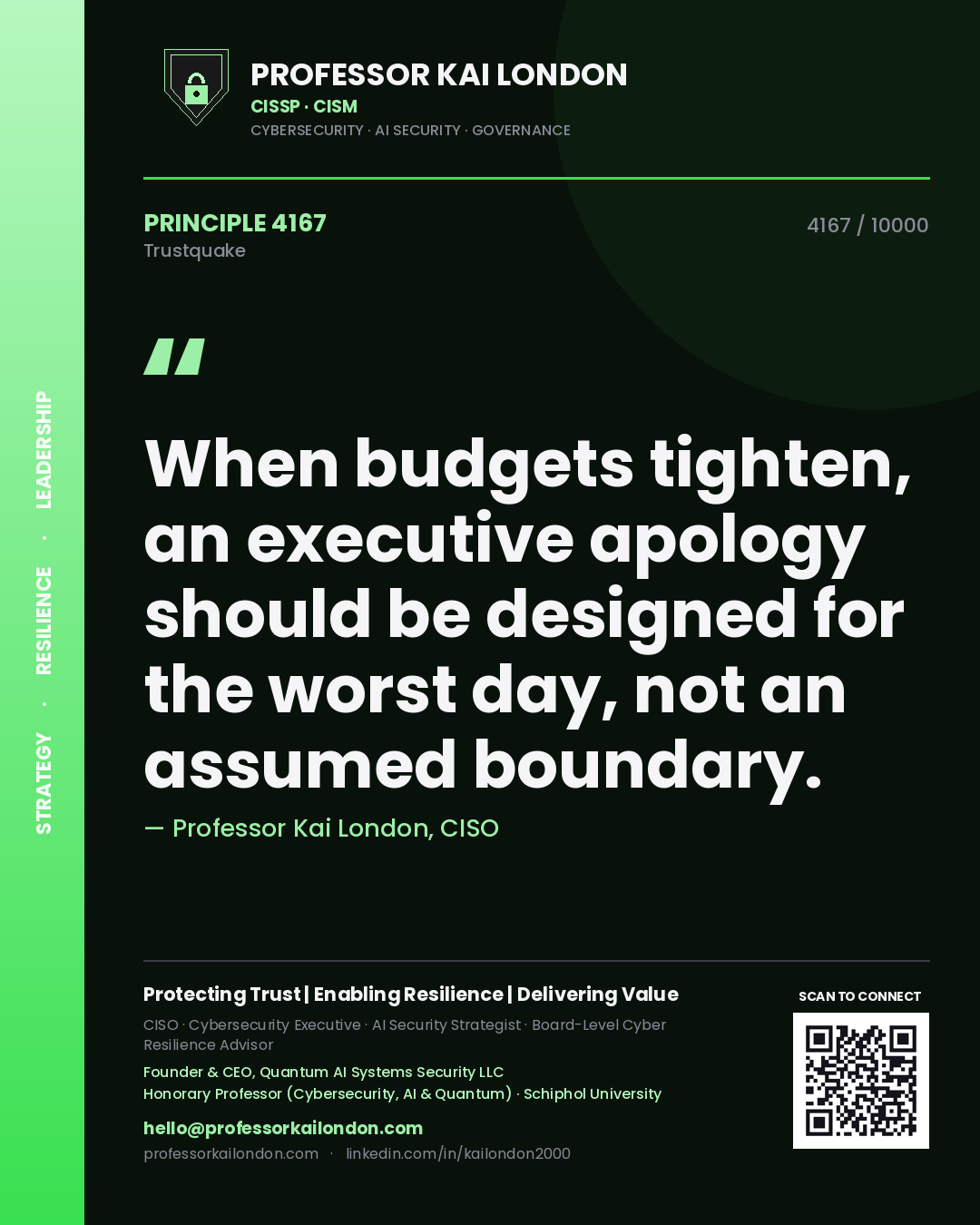Professor Kai London principle 4167: When budgets tighten, an executive apology should be designed for the worst day, not an assumed boundary.