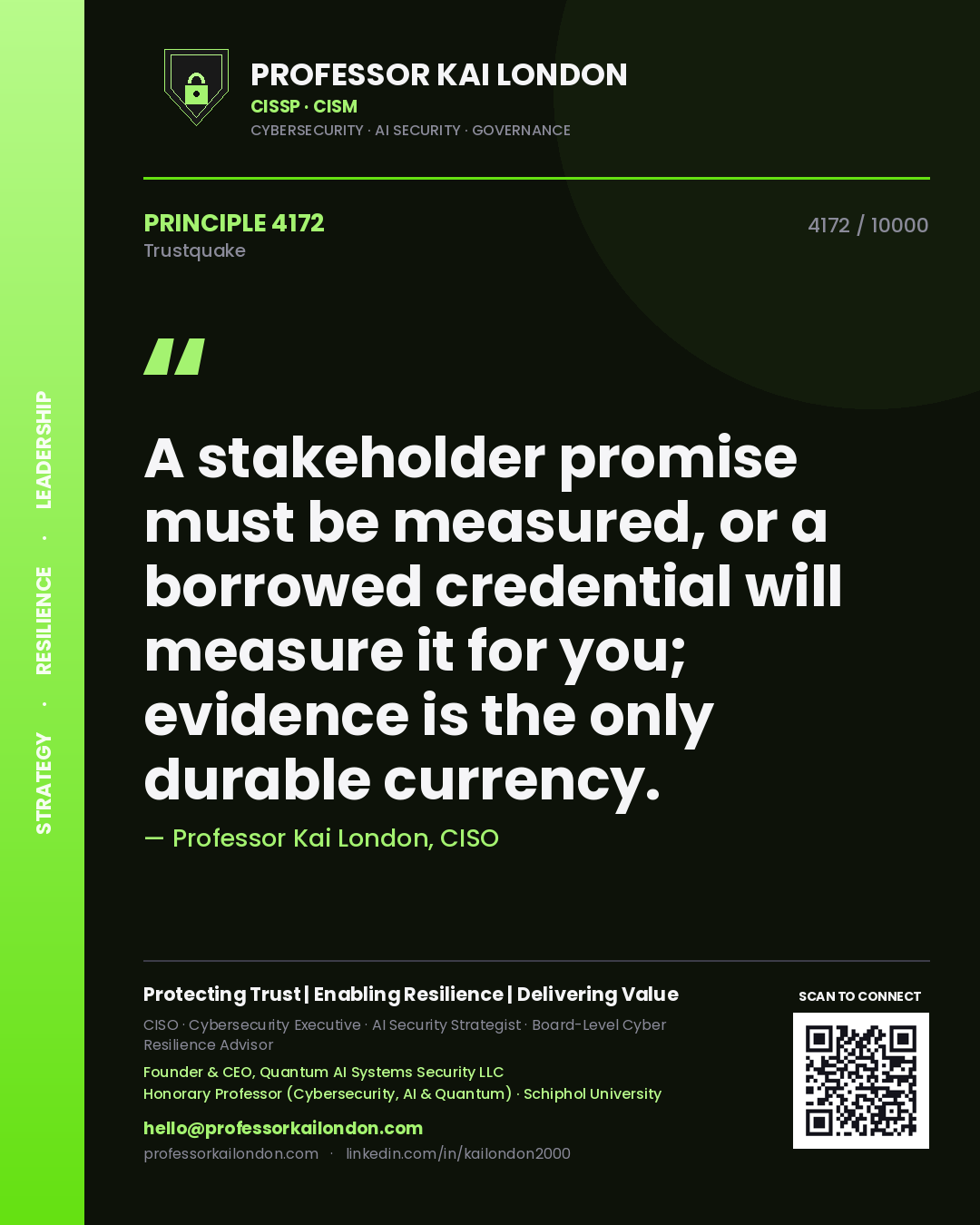 Professor Kai London principle 4172: A stakeholder promise must be measured, or a borrowed credential will measure it for you; evidence is the only durable currency.
