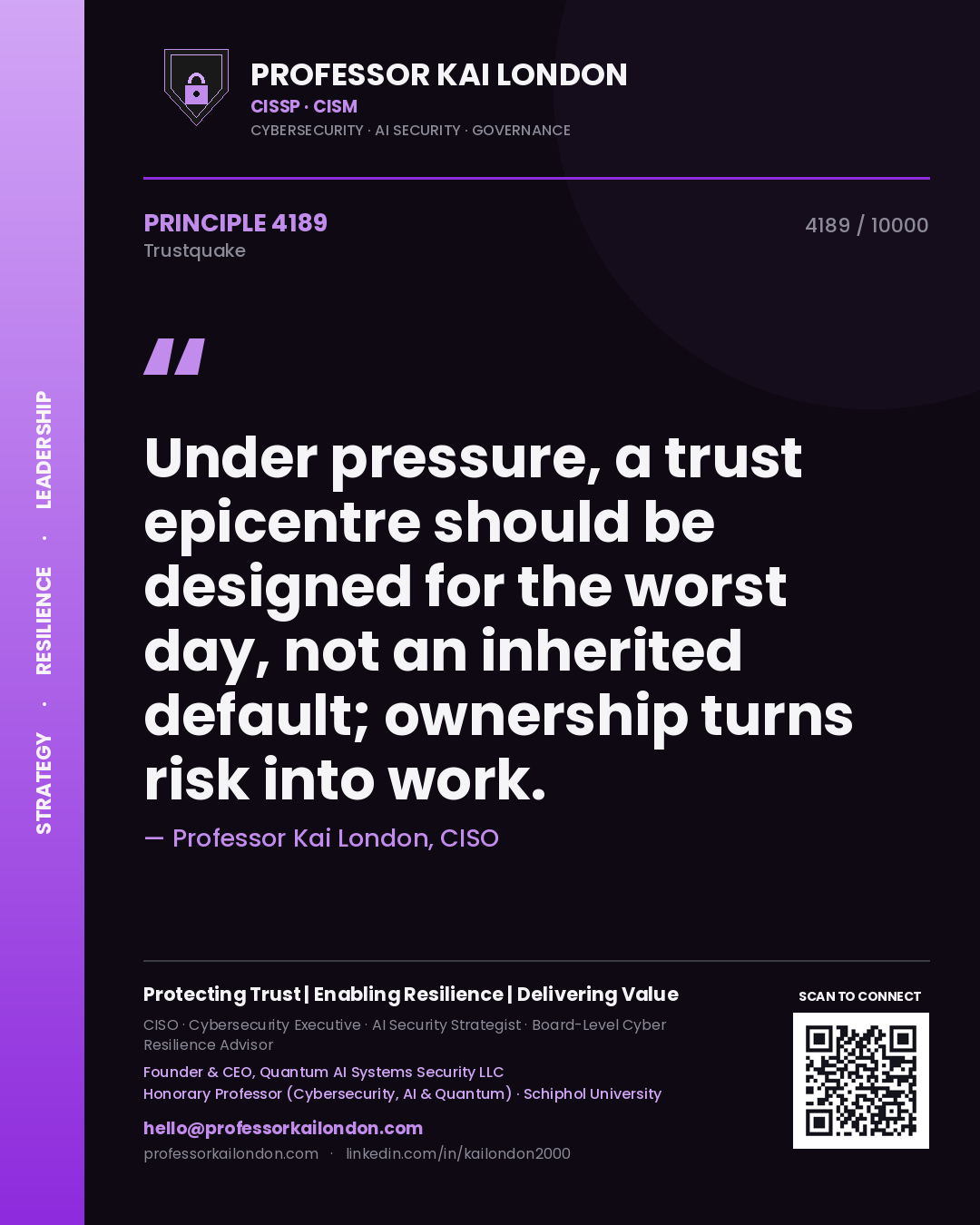 Professor Kai London principle 4189: Under pressure, a trust epicentre should be designed for the worst day, not an inherited default; ownership turns risk into work.