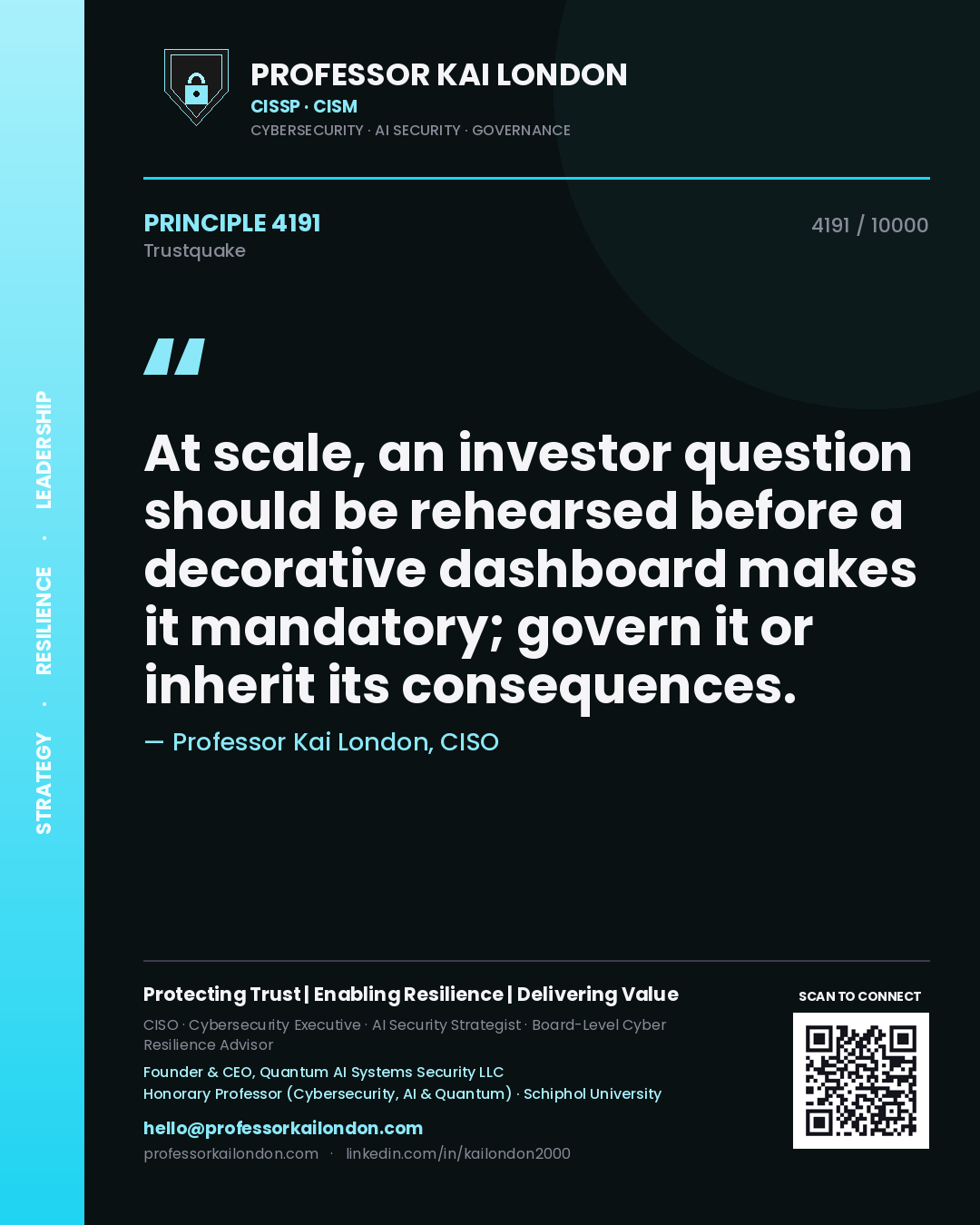 Professor Kai London principle 4191: At scale, an investor question should be rehearsed before a decorative dashboard makes it mandatory; govern it or inherit its consequences.