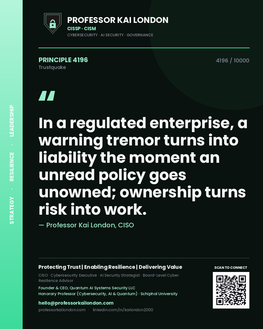 Professor Kai London principle 4196: In a regulated enterprise, a warning tremor turns into liability the moment an unread policy goes unowned; ownership turns risk into work.