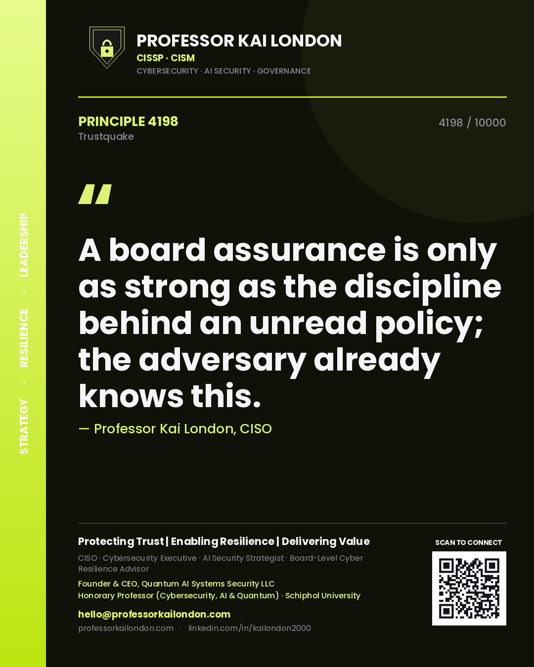Professor Kai London principle 4198: A board assurance is only as strong as the discipline behind an unread policy; the adversary already knows this.
