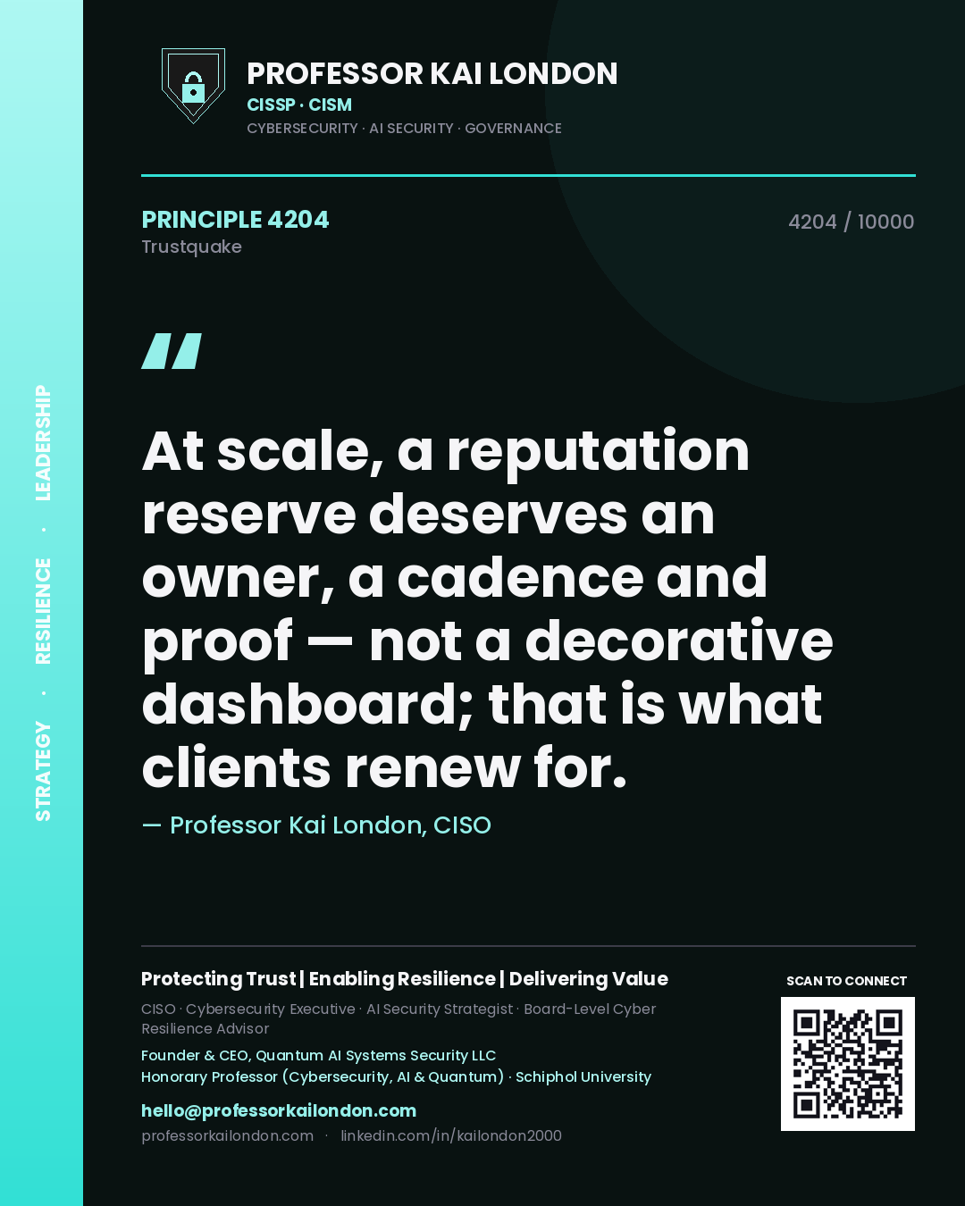 Professor Kai London principle 4204: At scale, a reputation reserve deserves an owner, a cadence and proof — not a decorative dashboard; that is what clients renew for.