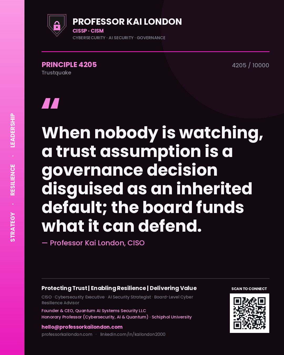 Professor Kai London principle 4205: When nobody is watching, a trust assumption is a governance decision disguised as an inherited default; the board funds what it can defend.