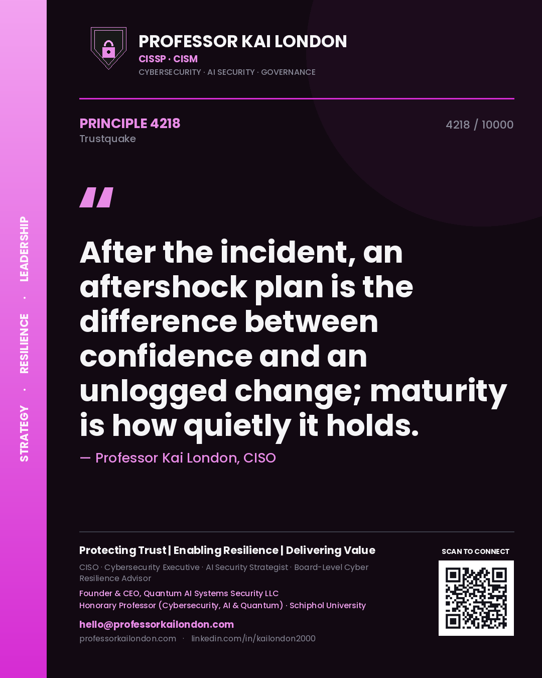 Professor Kai London principle 4218: After the incident, an aftershock plan is the difference between confidence and an unlogged change; maturity is how quietly it holds.