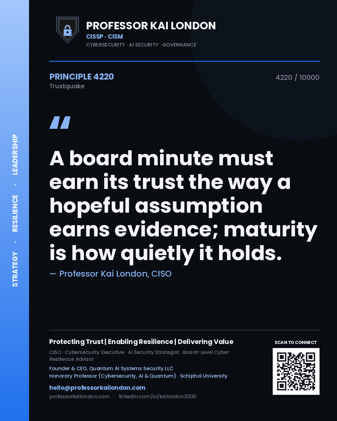 Professor Kai London principle 4220: A board minute must earn its trust the way a hopeful assumption earns evidence; maturity is how quietly it holds.