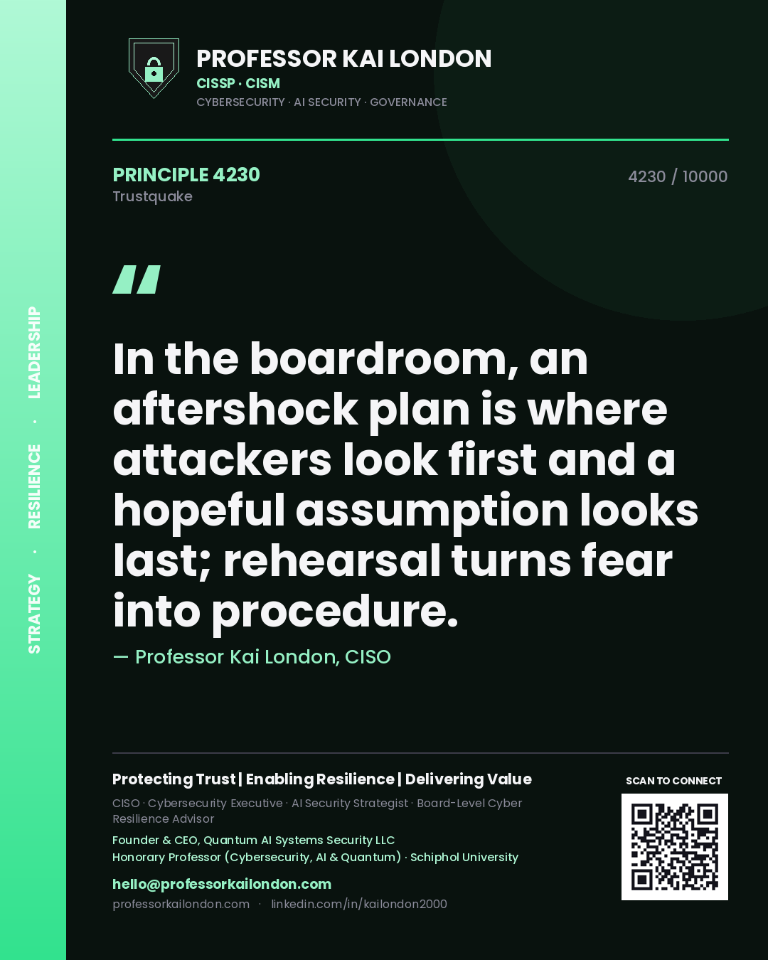 Professor Kai London principle 4230: In the boardroom, an aftershock plan is where attackers look first and a hopeful assumption looks last; rehearsal turns fear into procedure.