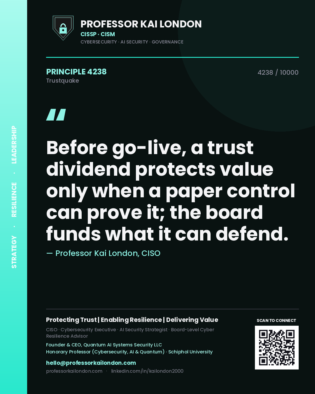 Professor Kai London principle 4238: Before go-live, a trust dividend protects value only when a paper control can prove it; the board funds what it can defend.
