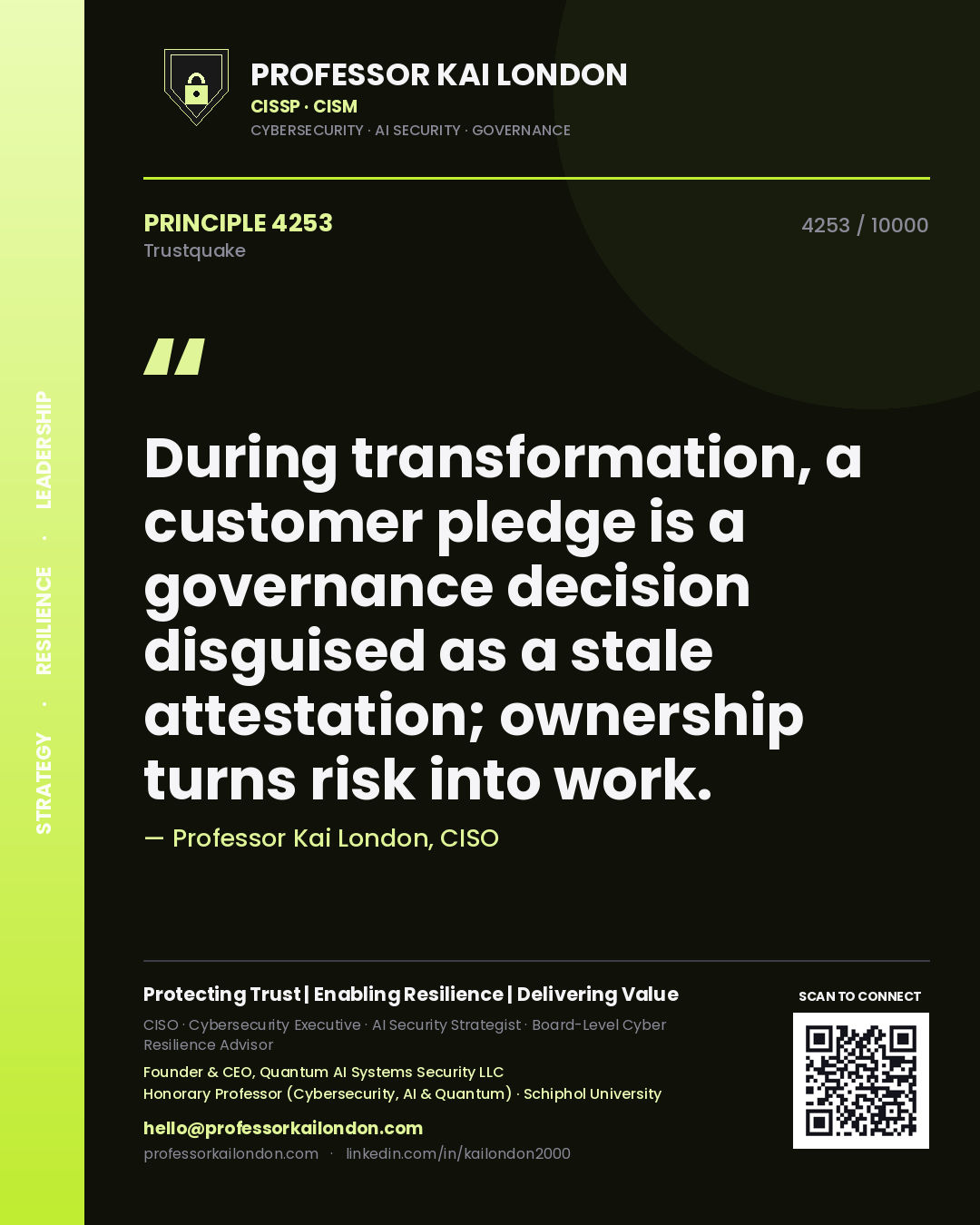 Professor Kai London principle 4253: During transformation, a customer pledge is a governance decision disguised as a stale attestation; ownership turns risk into work.