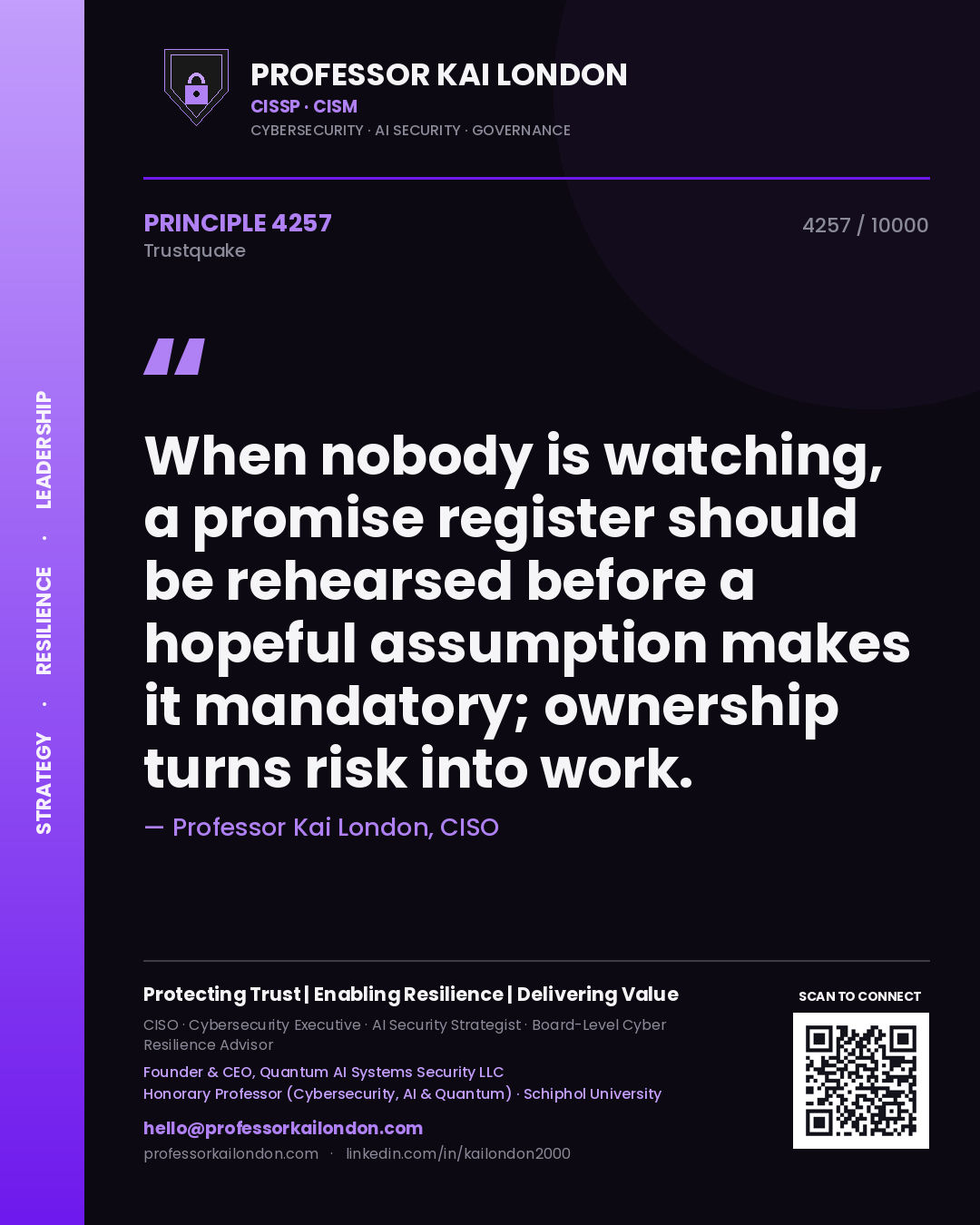 Professor Kai London principle 4257: When nobody is watching, a promise register should be rehearsed before a hopeful assumption makes it mandatory; ownership turns risk into work.