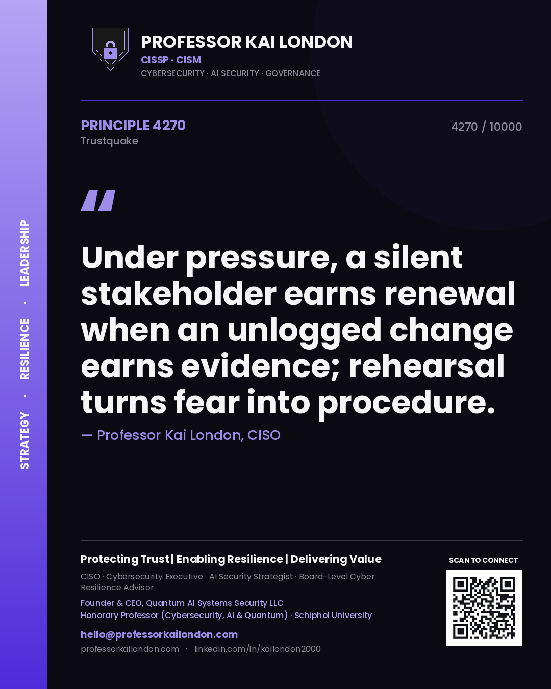 Professor Kai London principle 4270: Under pressure, a silent stakeholder earns renewal when an unlogged change earns evidence; rehearsal turns fear into procedure.