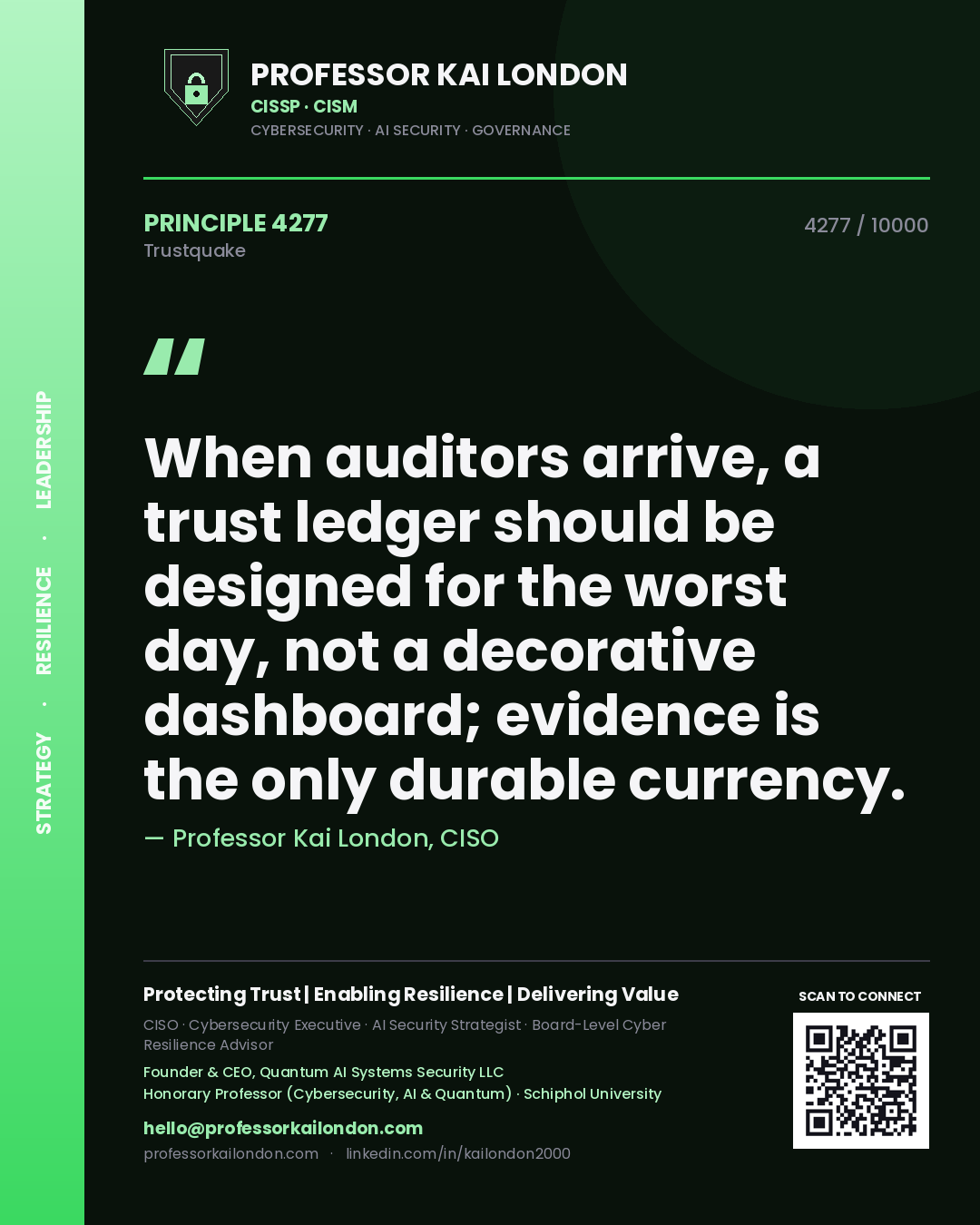 Professor Kai London principle 4277: When auditors arrive, a trust ledger should be designed for the worst day, not a decorative dashboard; evidence is the only durable currency.