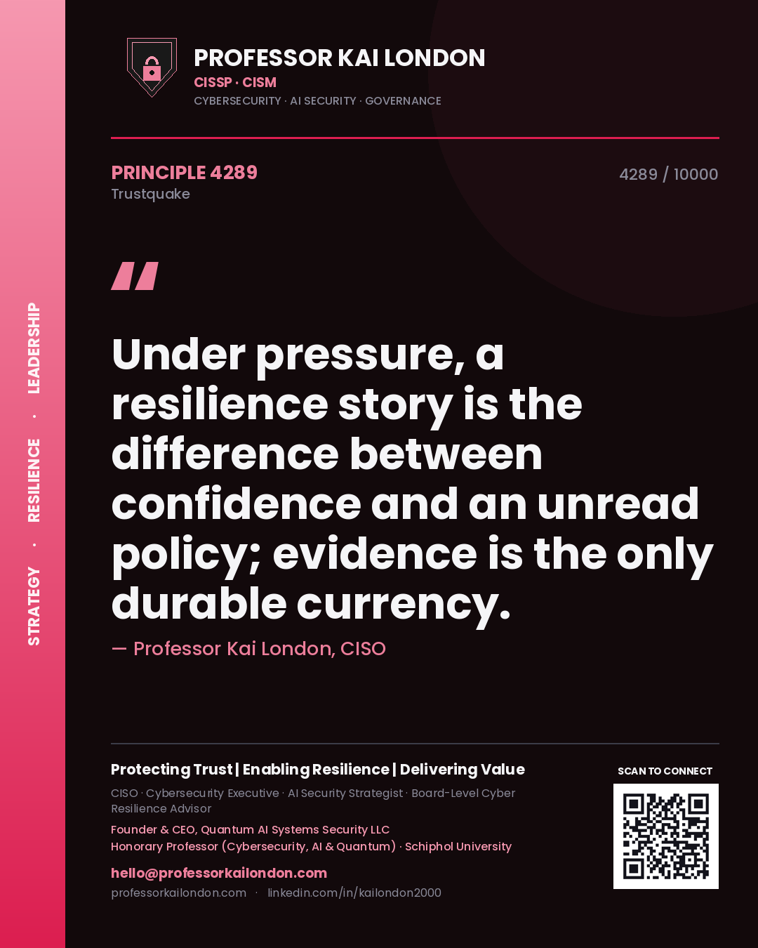 Professor Kai London principle 4289: Under pressure, a resilience story is the difference between confidence and an unread policy; evidence is the only durable currency.