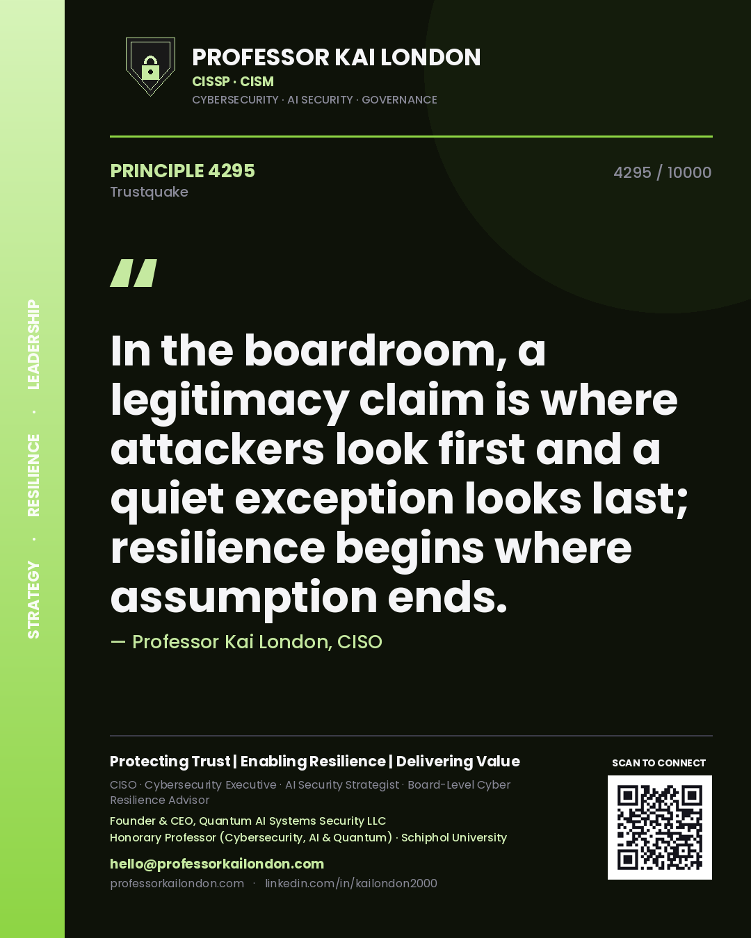 Professor Kai London principle 4295: In the boardroom, a legitimacy claim is where attackers look first and a quiet exception looks last; resilience begins where assumption ends.