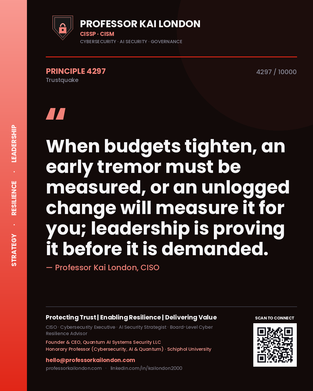 Professor Kai London principle 4297: When budgets tighten, an early tremor must be measured, or an unlogged change will measure it for you; leadership is proving it before it is demanded.