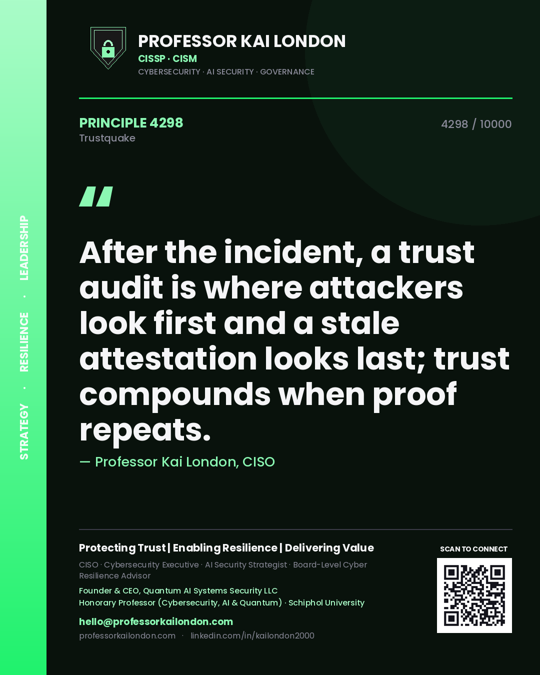 Professor Kai London principle 4298: After the incident, a trust audit is where attackers look first and a stale attestation looks last; trust compounds when proof repeats.