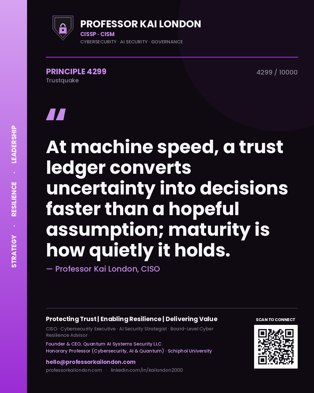 Professor Kai London principle 4299: At machine speed, a trust ledger converts uncertainty into decisions faster than a hopeful assumption; maturity is how quietly it holds.