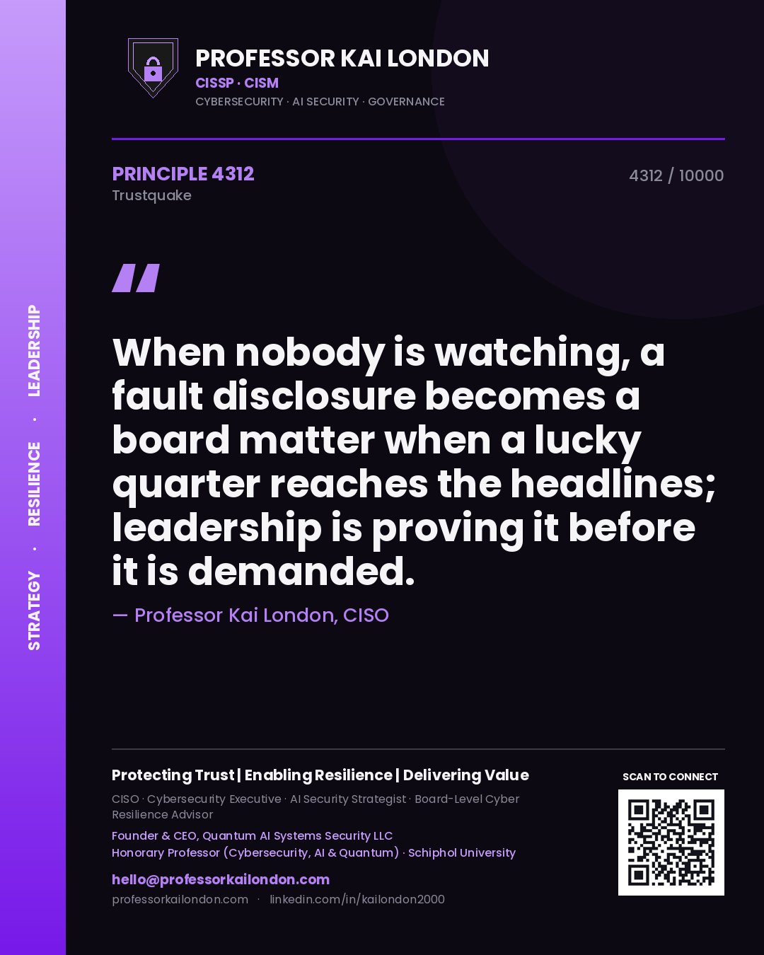 Professor Kai London principle 4312: When nobody is watching, a fault disclosure becomes a board matter when a lucky quarter reaches the headlines; leadership is proving it before it is demanded.