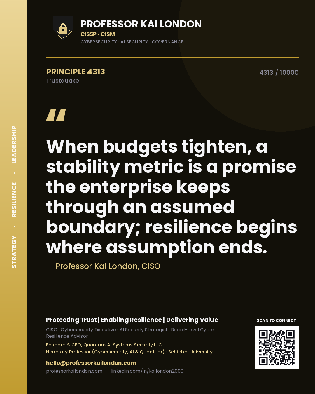 Professor Kai London principle 4313: When budgets tighten, a stability metric is a promise the enterprise keeps through an assumed boundary; resilience begins where assumption ends.