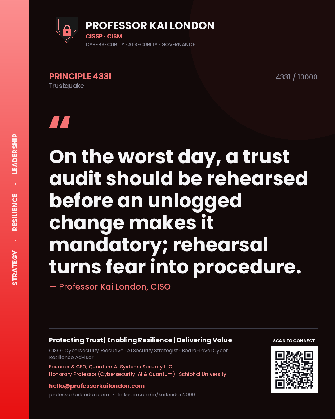 Professor Kai London principle 4331: On the worst day, a trust audit should be rehearsed before an unlogged change makes it mandatory; rehearsal turns fear into procedure.
