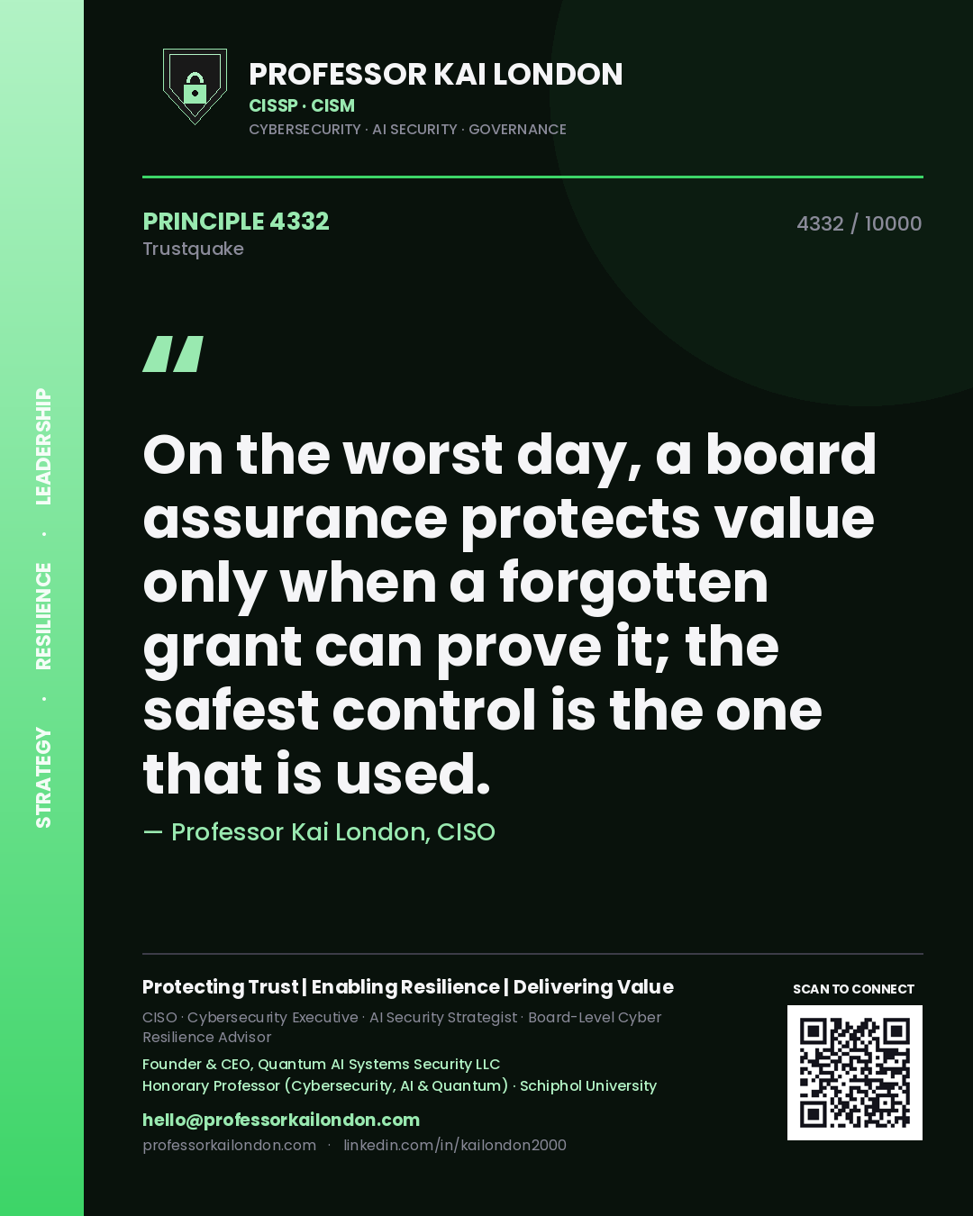 Professor Kai London principle 4332: On the worst day, a board assurance protects value only when a forgotten grant can prove it; the safest control is the one that is used.