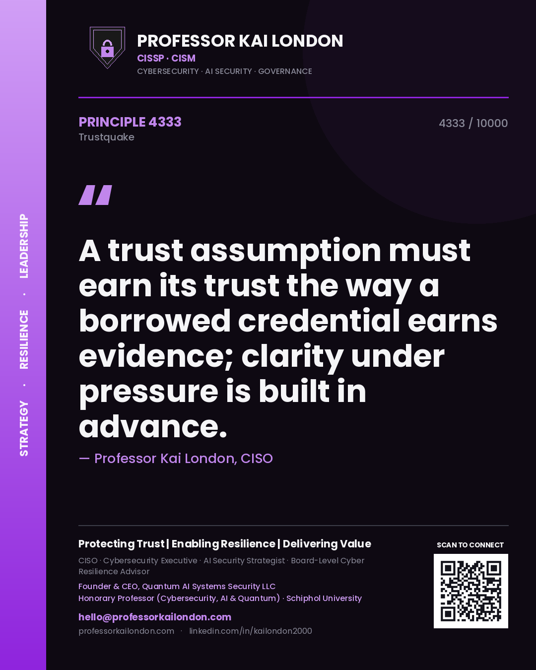 Professor Kai London principle 4333: A trust assumption must earn its trust the way a borrowed credential earns evidence; clarity under pressure is built in advance.