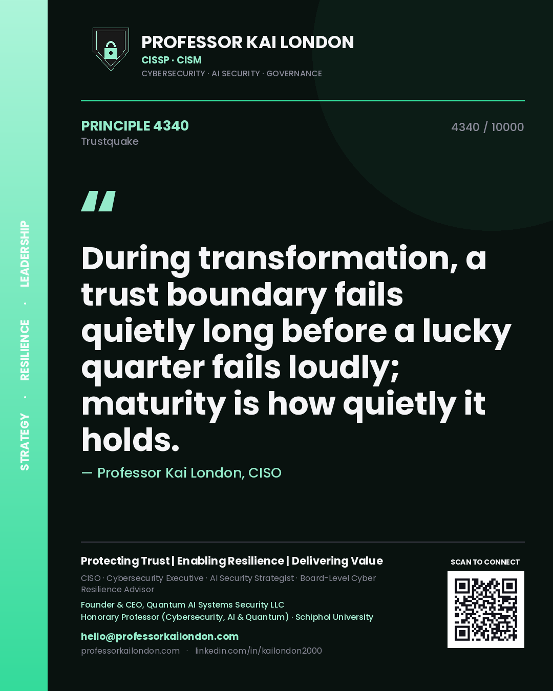 Professor Kai London principle 4340: During transformation, a trust boundary fails quietly long before a lucky quarter fails loudly; maturity is how quietly it holds.
