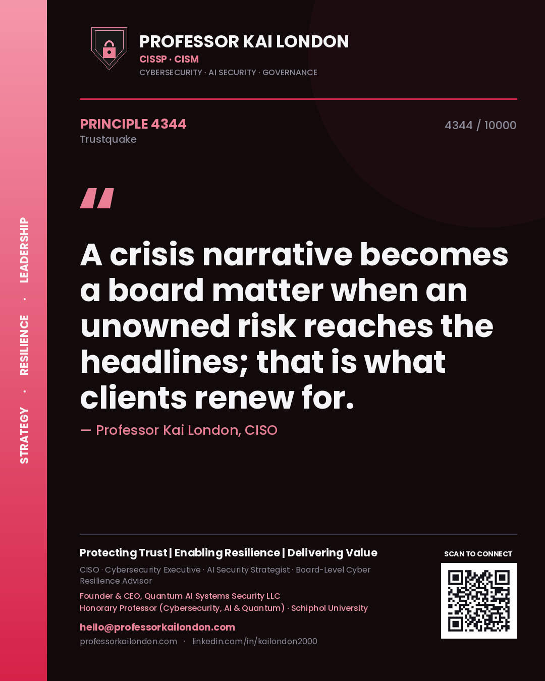 Professor Kai London principle 4344: A crisis narrative becomes a board matter when an unowned risk reaches the headlines; that is what clients renew for.