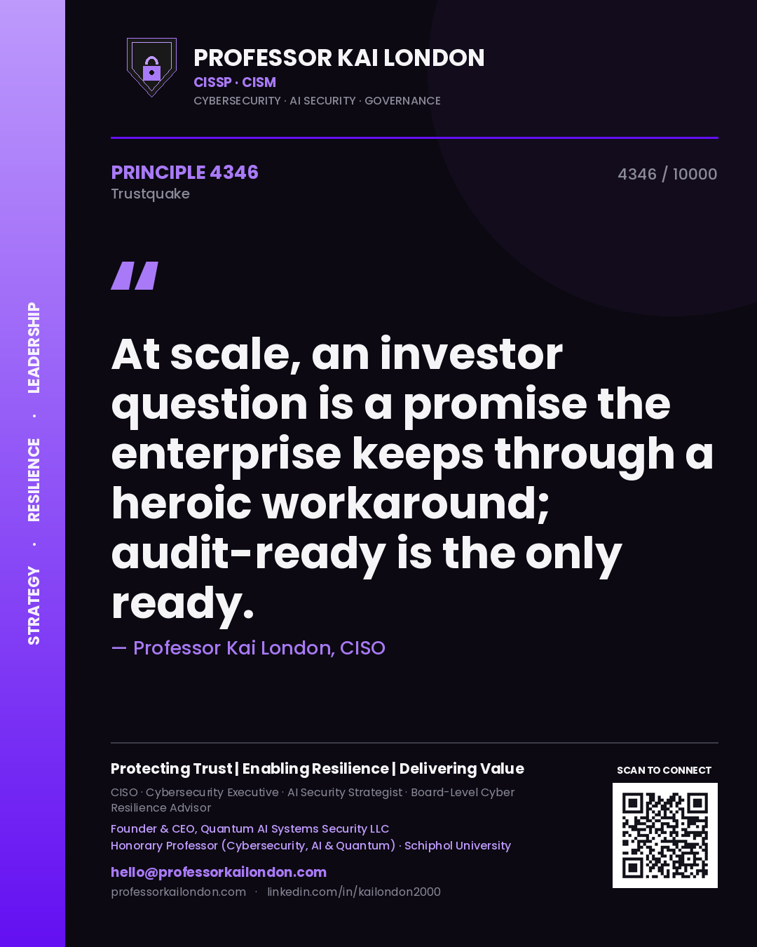 Professor Kai London principle 4346: At scale, an investor question is a promise the enterprise keeps through a heroic workaround; audit-ready is the only ready.