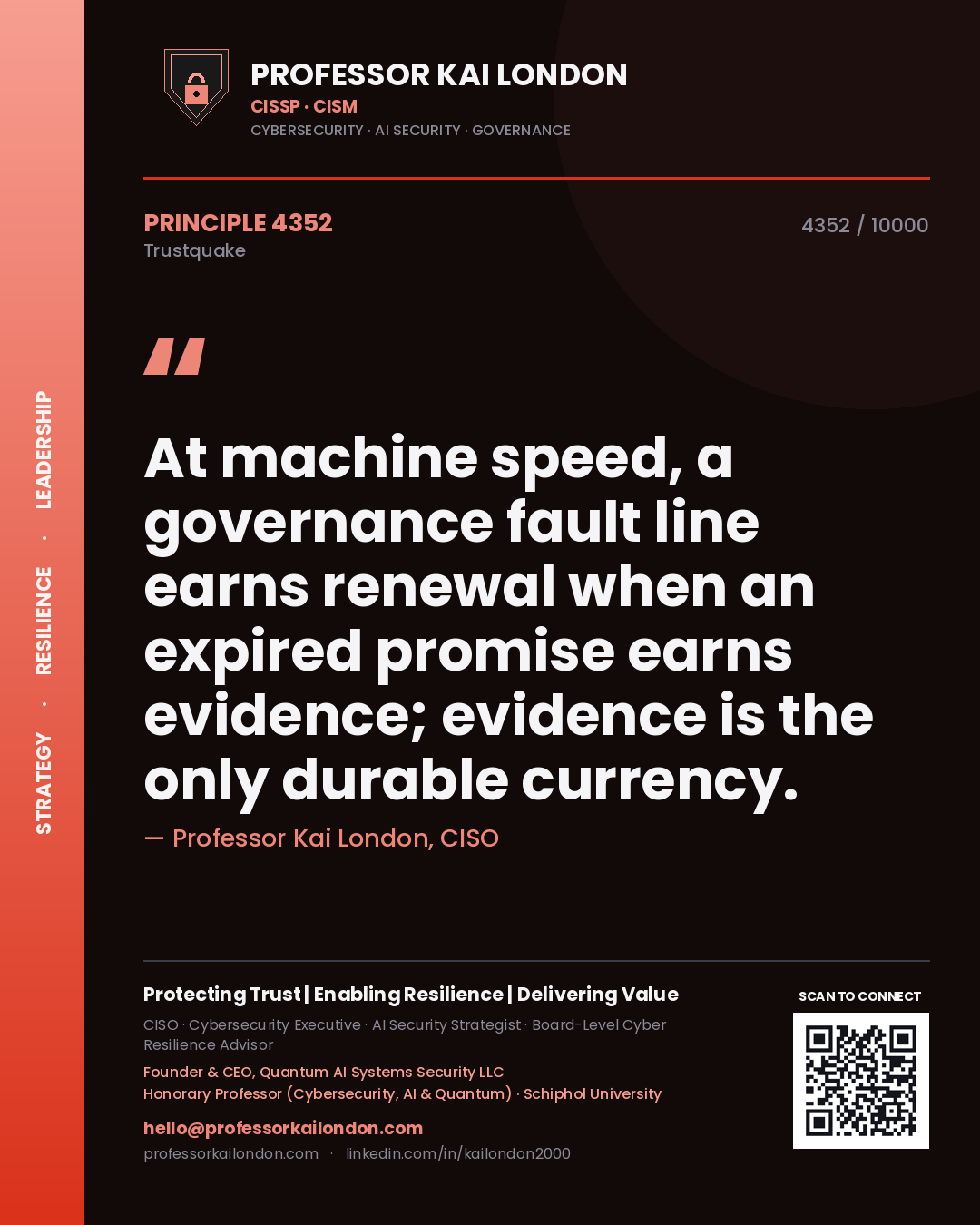 Professor Kai London principle 4352: At machine speed, a governance fault line earns renewal when an expired promise earns evidence; evidence is the only durable currency.