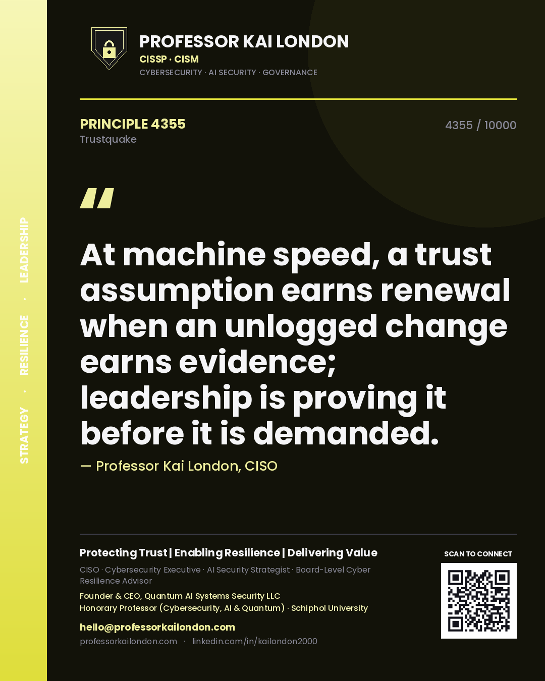 Professor Kai London principle 4355: At machine speed, a trust assumption earns renewal when an unlogged change earns evidence; leadership is proving it before it is demanded.