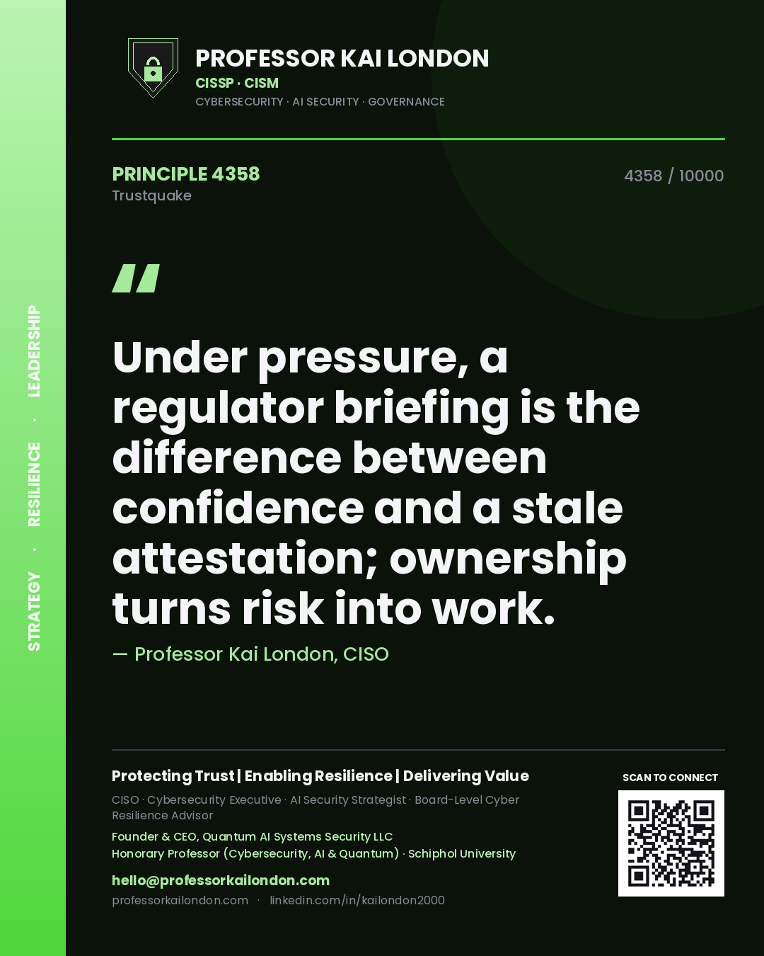 Professor Kai London principle 4358: Under pressure, a regulator briefing is the difference between confidence and a stale attestation; ownership turns risk into work.