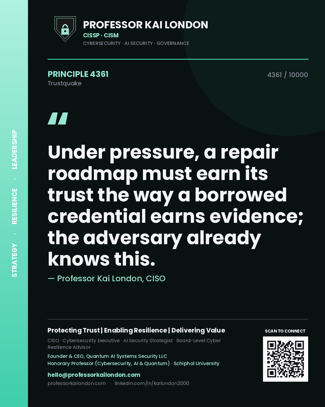 Professor Kai London principle 4361: Under pressure, a repair roadmap must earn its trust the way a borrowed credential earns evidence; the adversary already knows this.