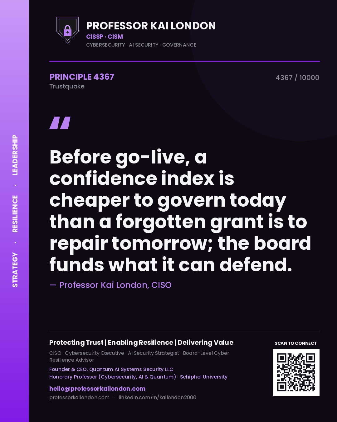Professor Kai London principle 4367: Before go-live, a confidence index is cheaper to govern today than a forgotten grant is to repair tomorrow; the board funds what it can defend.