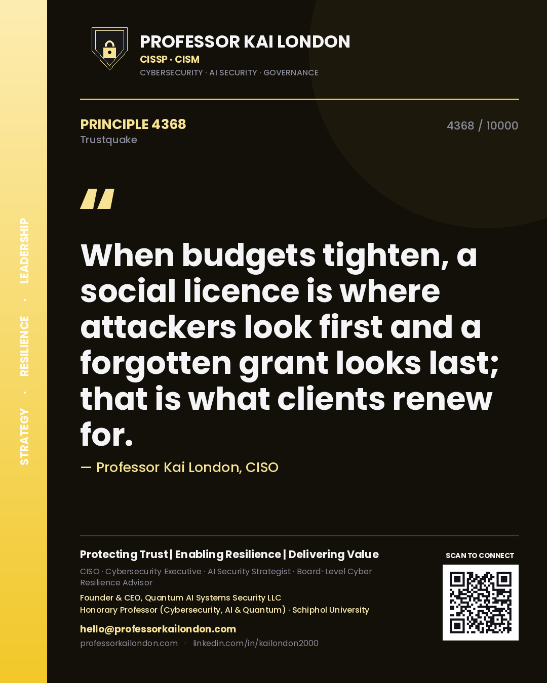 Professor Kai London principle 4368: When budgets tighten, a social licence is where attackers look first and a forgotten grant looks last; that is what clients renew for.