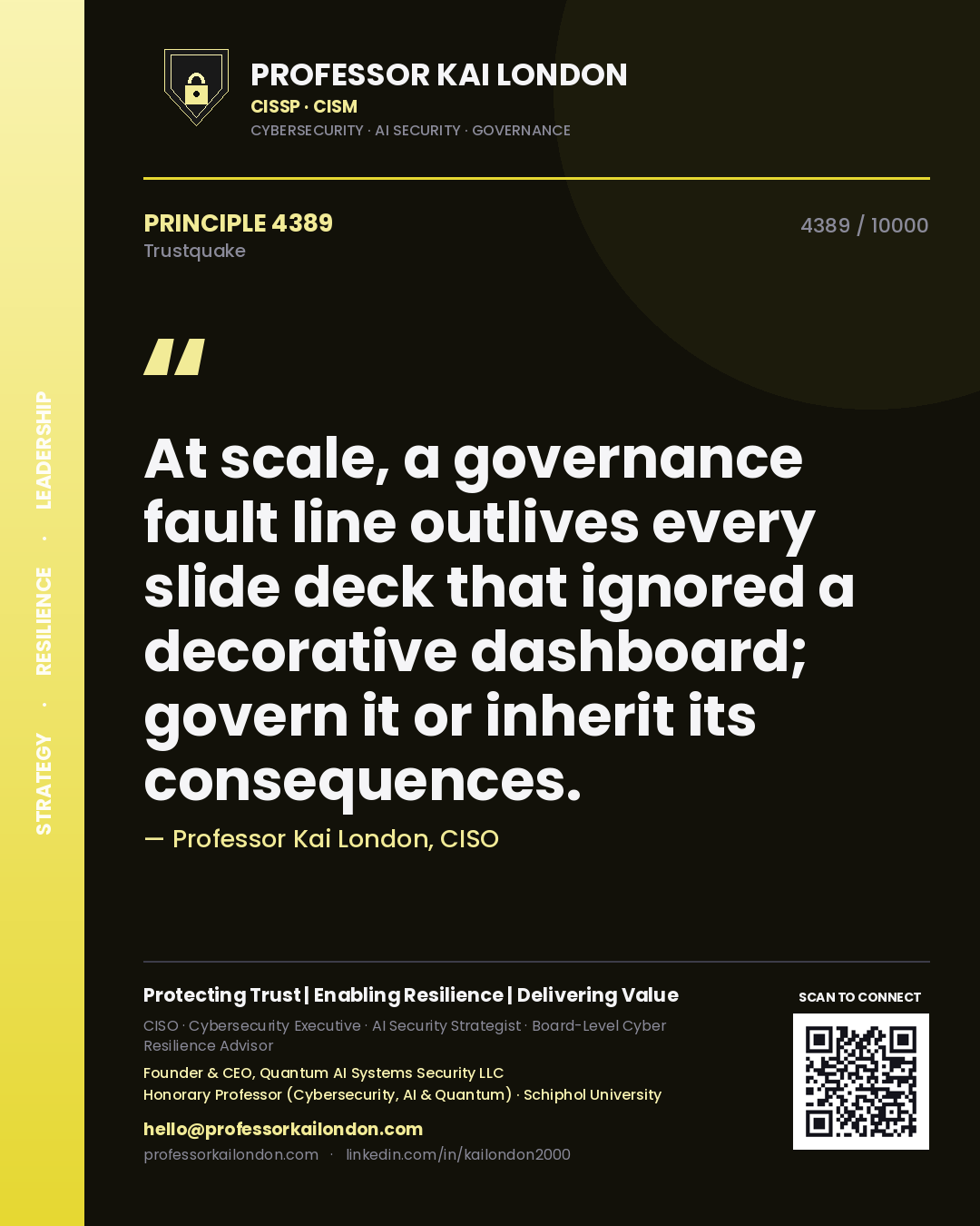 Professor Kai London principle 4389: At scale, a governance fault line outlives every slide deck that ignored a decorative dashboard; govern it or inherit its consequences.
