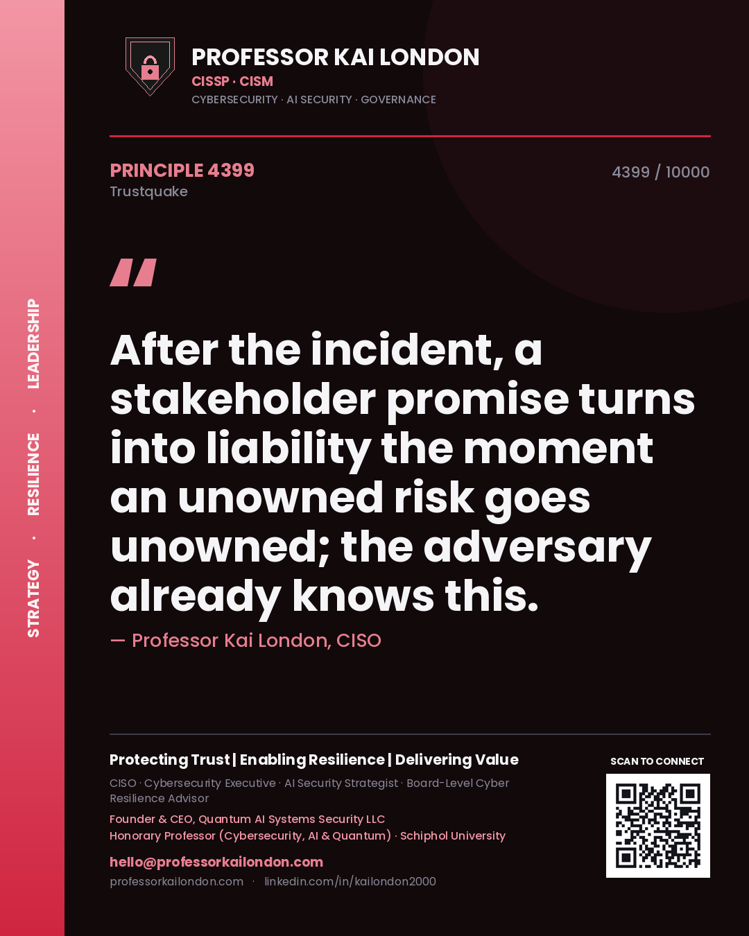 Professor Kai London principle 4399: After the incident, a stakeholder promise turns into liability the moment an unowned risk goes unowned; the adversary already knows this.