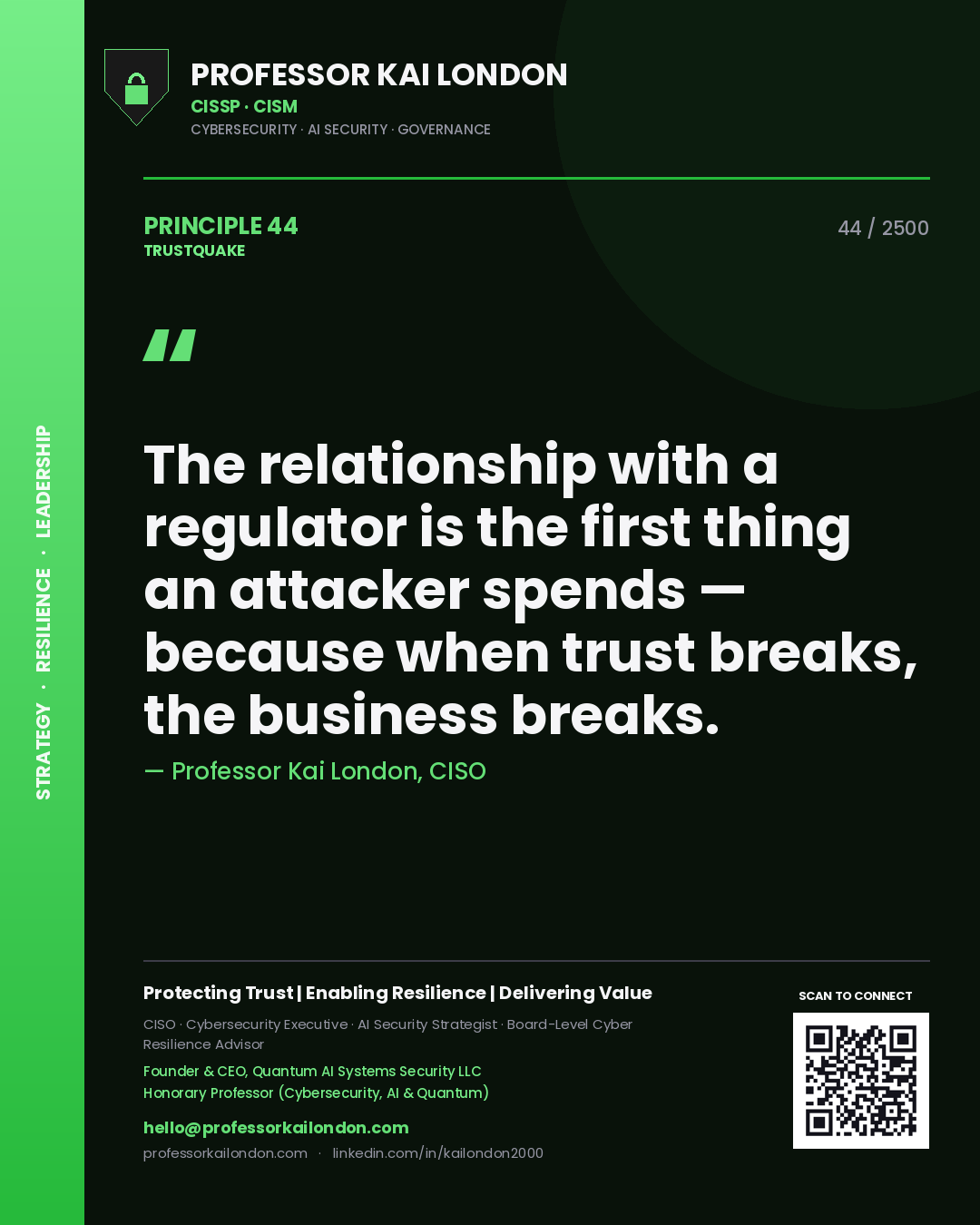 Professor Kai London principle 44: The relationship with a regulator is the first thing an attacker spends — because when trust breaks, the business breaks.