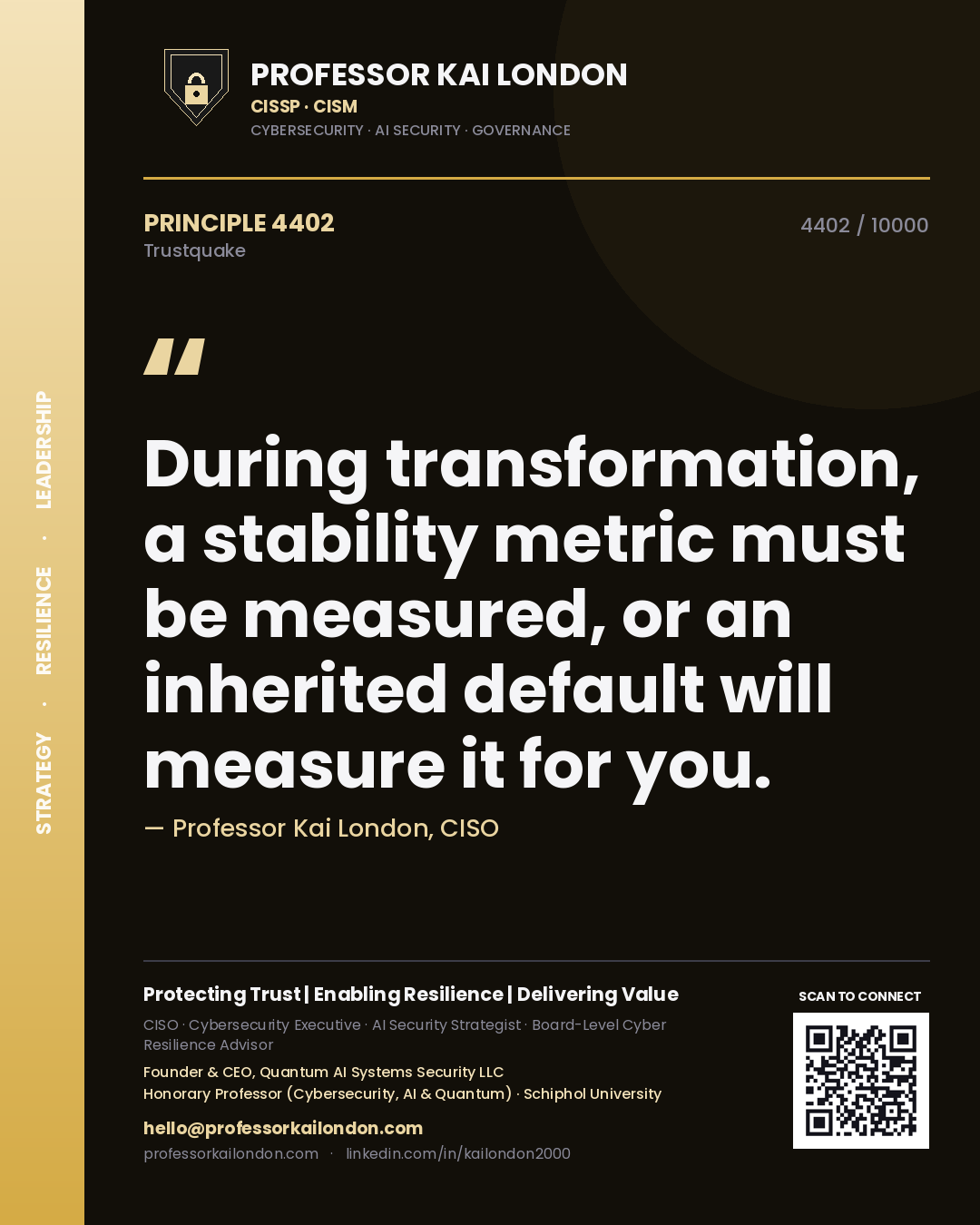 Professor Kai London principle 4402: During transformation, a stability metric must be measured, or an inherited default will measure it for you.