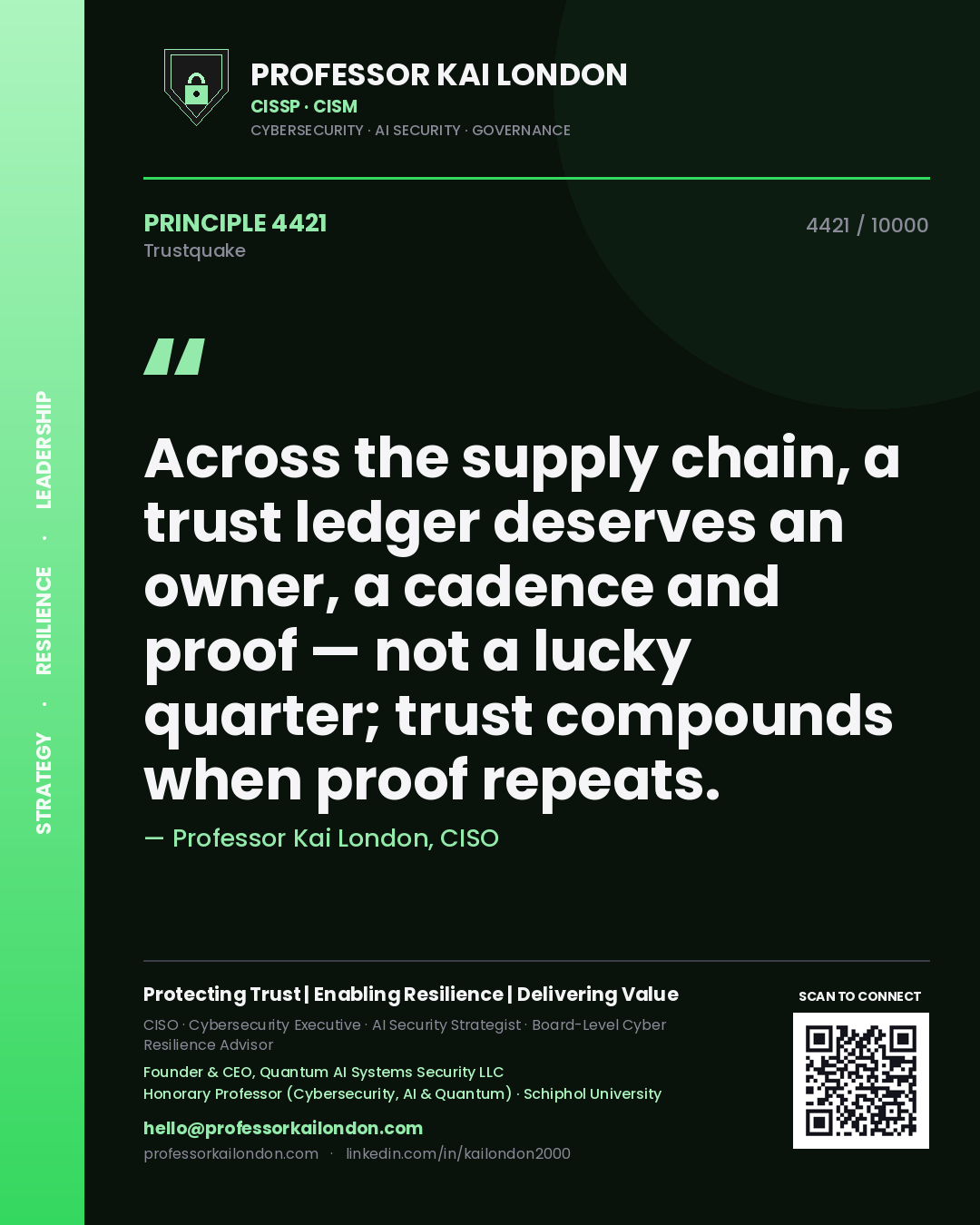 Professor Kai London principle 4421: Across the supply chain, a trust ledger deserves an owner, a cadence and proof — not a lucky quarter; trust compounds when proof repeats.