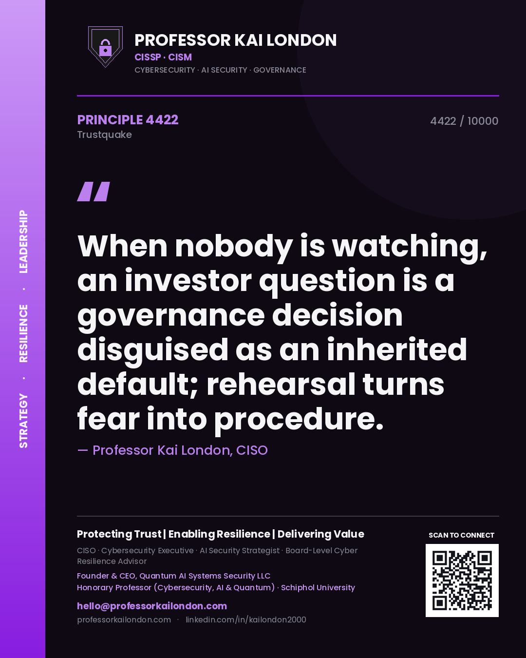 Professor Kai London principle 4422: When nobody is watching, an investor question is a governance decision disguised as an inherited default; rehearsal turns fear into procedure.