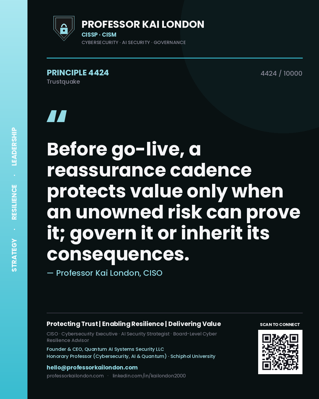 Professor Kai London principle 4424: Before go-live, a reassurance cadence protects value only when an unowned risk can prove it; govern it or inherit its consequences.