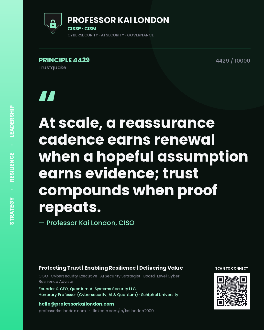 Professor Kai London principle 4429: At scale, a reassurance cadence earns renewal when a hopeful assumption earns evidence; trust compounds when proof repeats.