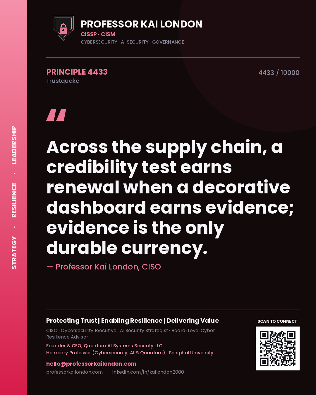 Professor Kai London principle 4433: Across the supply chain, a credibility test earns renewal when a decorative dashboard earns evidence; evidence is the only durable currency.